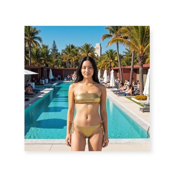 new OG Juicy Couture Beach ♚ Liquid Gold Metal Bikini Set ♚ Crystal Logo J’s ♚ - Picture 15 of 16